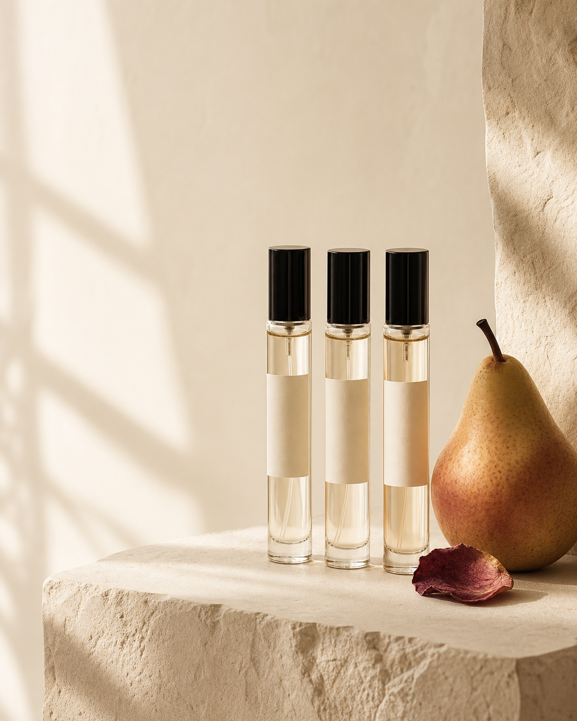 Three Velour Atelier discovery sprays arranged with pear and dried rose petals
